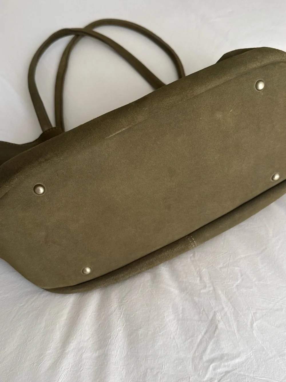Olive Green Genuine Suede Tote Bag with Buckle Detail